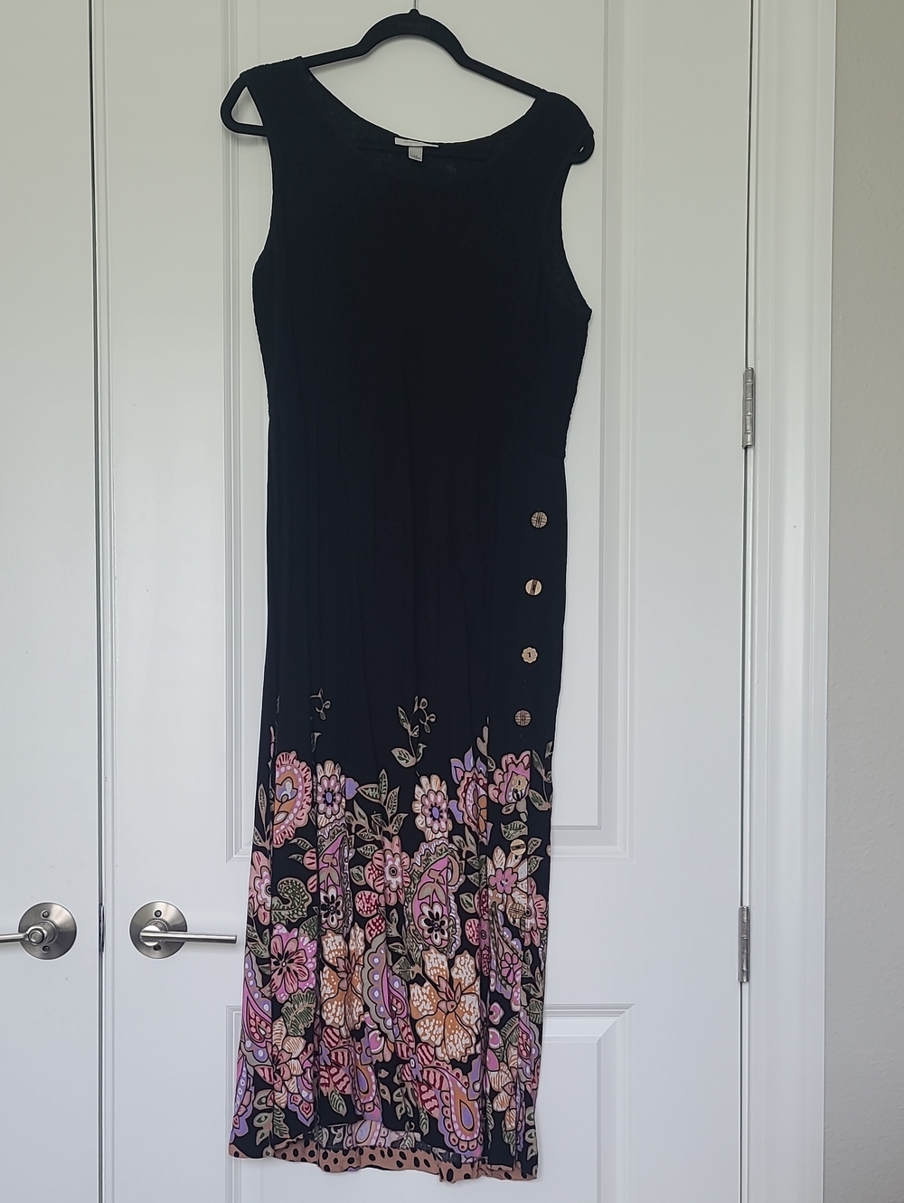 Dressbarn Black Sleeveless Maxi Dress with Pink and Purple Floral Border